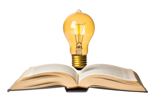 Open book and glowing lightbulb, educational concept , cut out transparent