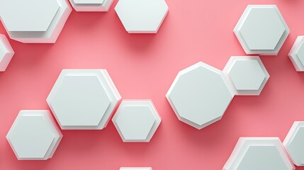 White 3D Pentagons Shapes, on Pink Background, Abstract Image, Texture, Pattern Background, Wallpaper, Cover and Screen of Smartphone, PC, Laptop, 9:16 and 16:9 Format