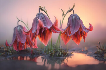 Sunset flowers reflecting in puddle, misty field