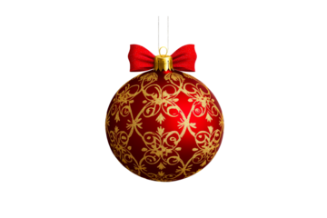 Ornament Christmas ball, red, gold pattern and bow, cut out transparent