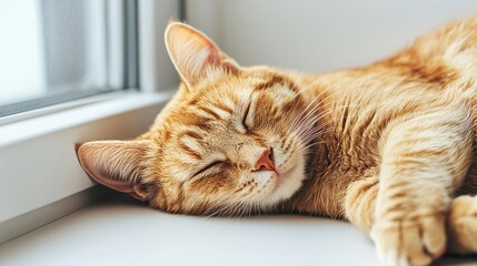 National Pet Day, Adorable Ginger Cat Napping Peacefully by Window Relaxing Domestic Pet