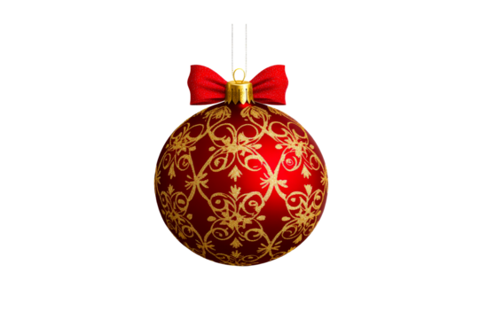 Ornament Christmas ball, red, gold pattern and bow, cut out transparent