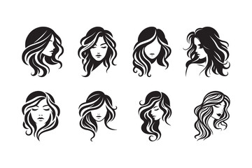 Set of  A simple and bold silhouette of a woman's face with long, wavy hair, outlined in black on a clean white background
