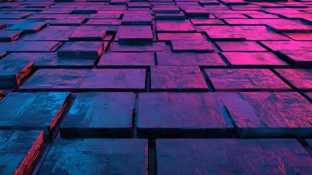 Perfectly aligned and glossy, these blocks form a striking tech wallpaper with a predominantly purple and black color scheme, achieved through advanced 3D rendering techniques