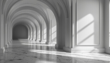 Obraz premium Elegant Hallway with Arches, Marble Floor and Sunlight Streaming Through Windows