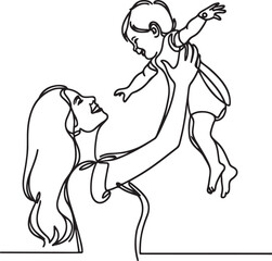 Playful Motherhood Line Drawing – Raising Child in Air