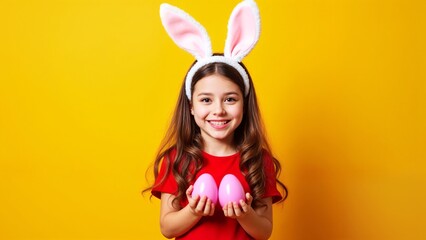 Fototapeta premium A little girl in a red shirt holding two pink Easter eggs.