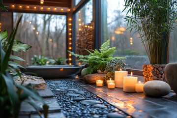 Fototapeta premium Table adorned with candles and plants, creating a cozy atmosphere.