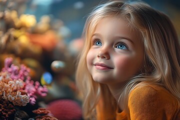 Girl gazing at aquarium coral.