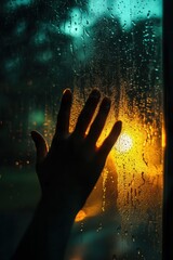Hand, waterdrops on window with light bokeh in rainy days in city.