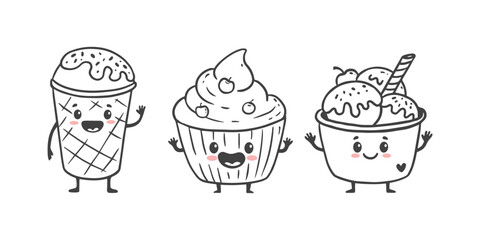 set of cartoon food characters isolated on white. Ice cream cup, cupcake, ice cream in doodle style. Vector illustration