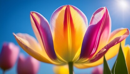 Fototapeta premium A close-up of a brightly colored tulip with vivid yellow, pink, and purple hues. The soft petals are clearly defined, with light gently falling on them to emphasize textures and colors. 