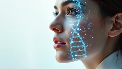 Woman face with DNA molecule concept. Beauty science, anti-aging technology, skincare, cosmetology. Female face with glowing molecular structure. Beauty product, cosmetic, innovative medical