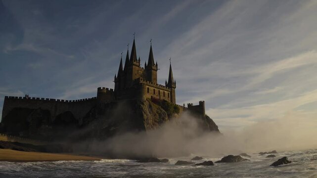 Low clouds and mist partially obscure the picturesque magdalena peninsula castle in santander, spain, creating a mystical atmosphere as waves crash against the rocky shore