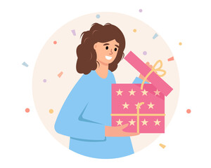 Smiling young woman opening gift. Happy female character and gift box with presents. Birthday party, holiday, sale and Christmas concept. Vector characters vector illustration.