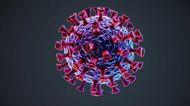 Coronavirus particle shifting blue to red, rotating under microscope, displaying intricate viral morphology against dark background with dynamic microbiological details