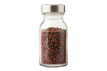 Grains in glass container, gourmet spice, dried food, culinary ingredient, cut out transparent