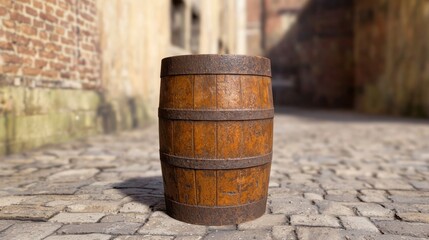 Naklejka premium A Lonely Old, Rusty Barrel on a Cobblestone Street in The Sunlight Gives Off a Sense of Nostalgia