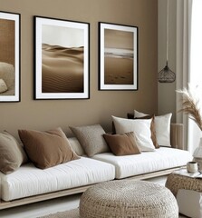 Chic interior space showcasing framed artwork against beige walls.