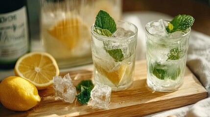 Fototapeta premium Mojito cocktail with fresh lemon, mint and ice. Summer trendy cold drinks concept. Front view.
