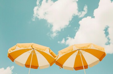 The cheerful summer atmosphere is highlighted by yellow and white umbrellas.