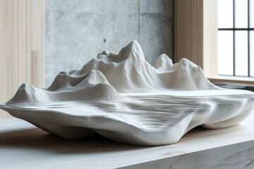 White bowl with mountain design, sitting on wooden table with sunlight streaming in, casting shadows.