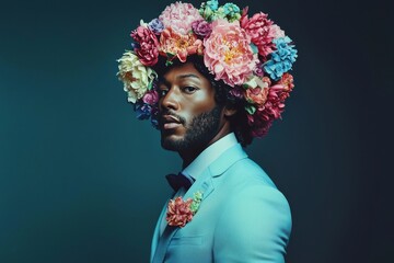 Captivating portrait of a man with a floral headpiece.