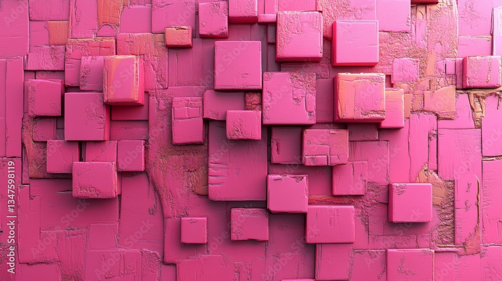 Wall mural a futuristic scene is created with a wall of pink, semigloss mosaic tiles and a background of stacke