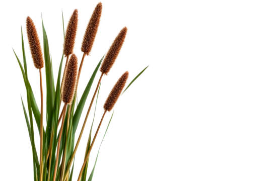 Decorative brown cattail plant, isolated on black, cut out transparent