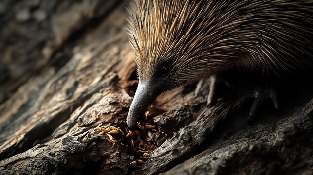 Close up of echidna tongue extending collect termites tree bark sharp focus delicate textures movement earthy backdrop softly blurred ensuring full attention intricate details of rare feeding behavior