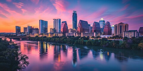 Obraz premium Stunning Austin, Texas Skyline During Sunset, Showcasing the City's Modern Architecture Against a Beautiful Golden Hour Sky