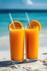 Obraz premium Two tropical fresh juices on a tropical beach. shallow depth of field.