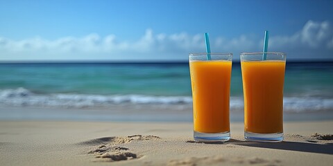 Two tropical fresh juices on a tropical beach. shallow depth of field.