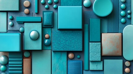 Futuristic abstract wallpaper, comprising blue 3D shapes, presented in a 3D rendered scene with available copy space