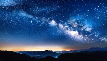 Naklejka premium blue night milky way sky and stars on a dark background starry universe nebula and galaxies with noise and color pigment long exposure and selective white balance selective focus amazing