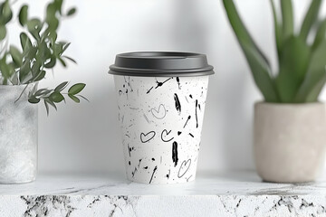 Coffee cup, abstract design, plants background, lifestyle shot