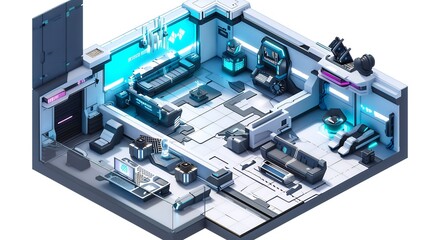 Isometric interior cutaway of futuristic cyberpunk themed living room neon lit accents sleek tech furniture immersive ambiance white background