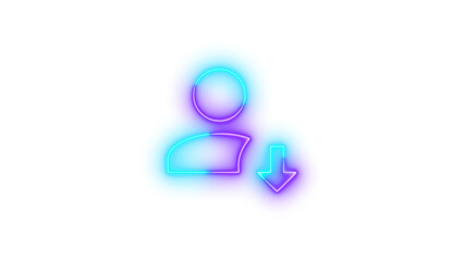 Neon account arrow down symbol icon glowing with transparent background