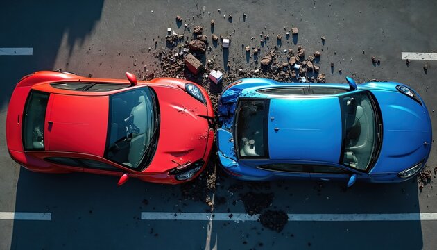 Aerial top view of car accident. Two vehicles collide on road. Red blue cars damaged after collision. Traffic crash, dangerous situation. Transportation accident, insurance concept.