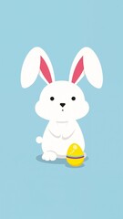 Obraz premium A white rabbit with red ears sitting next to a yellow egg.