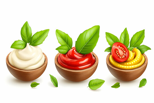 Mayones, saus tomat, dan mustard dalam mangkuk kayu dengan daun basil. Iklan makanan.