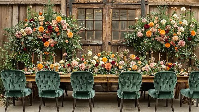 A beautifully decorated table with an elegant floral centerpiece and velvet seating, ready for a celebration.