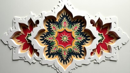 Intricate white lattice design revealing vibrant traditional patterns in red, gold, and green