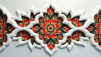 Intricate white lattice design revealing vibrant traditional patterns in red, gold, and green