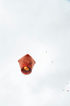 Low angle view of Chinese floating lanterns floating in Taiwan