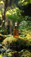 Amber glass dropper bottle on moss near water.