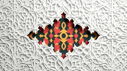 Abstract Islamic art with symmetrical cut-out elements and colorful contrast