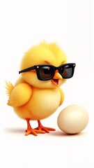 Fototapeta premium A small yellow chicken with black sunglasses standing next to an egg.