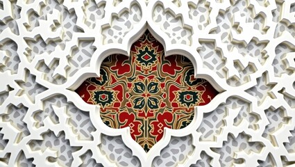 Abstract Islamic art with symmetrical cut-out elements and colorful contrast