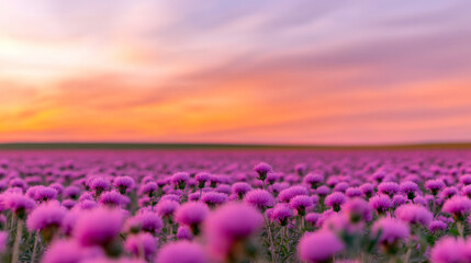 Obraz premium Vibrant pink thistle field at sunrise with colorful sky and horizon